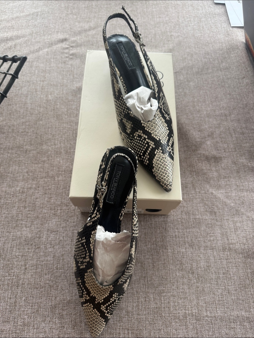 Tony Bianco Black and Cream Snake-Print Slingback Heels
